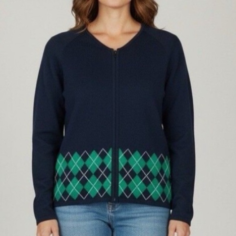 Vintage Pendleton Argyle Full Zip Cardigan Sweater Silk Blend MP Black Green